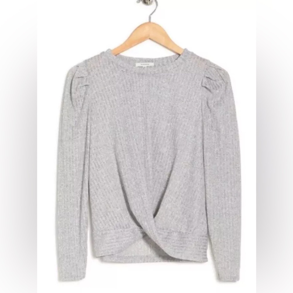 Pleione-PUFF LONG SLEEVE RIBBED TWIST FRONT TOP-Women's Size: XL-Grey-NEW!!